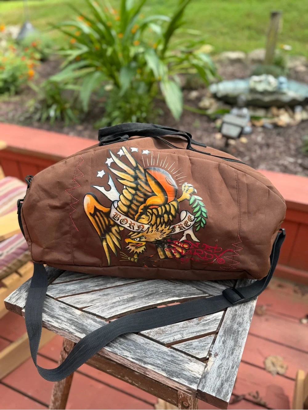 Ed Hardy Vintage Y2K Brown Duffel Bag Orange Eagle Tattoo Born Free Graphic